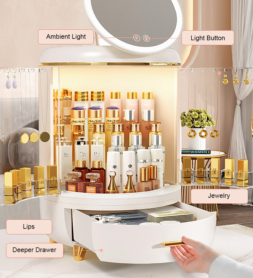 Joybos® Round Makeup Storage Organizer Box with Mirror Led Light